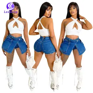 מכר נמתח ינס Skort קיץ נמוך מותן ציצית חבילה ירך מכנסיים נשים רזה קצר