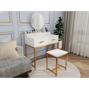 <b>Vanity</b> Set With <b>Mirror</b> And Stool White Gold Makeup <b>Table</b> With Storage Drawers Space Saving Design - Product Image 2