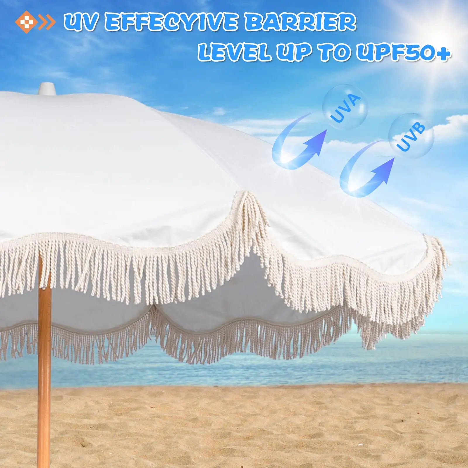 Custom Draagbare Houten Paal Boho Strand Parasol Luxe Omzoomde Strandparasol Met Kwastjes