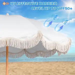 Kustom tiang kayu portabel Boho pantai payung mewah rumbai Payung pantai dengan rumbai
