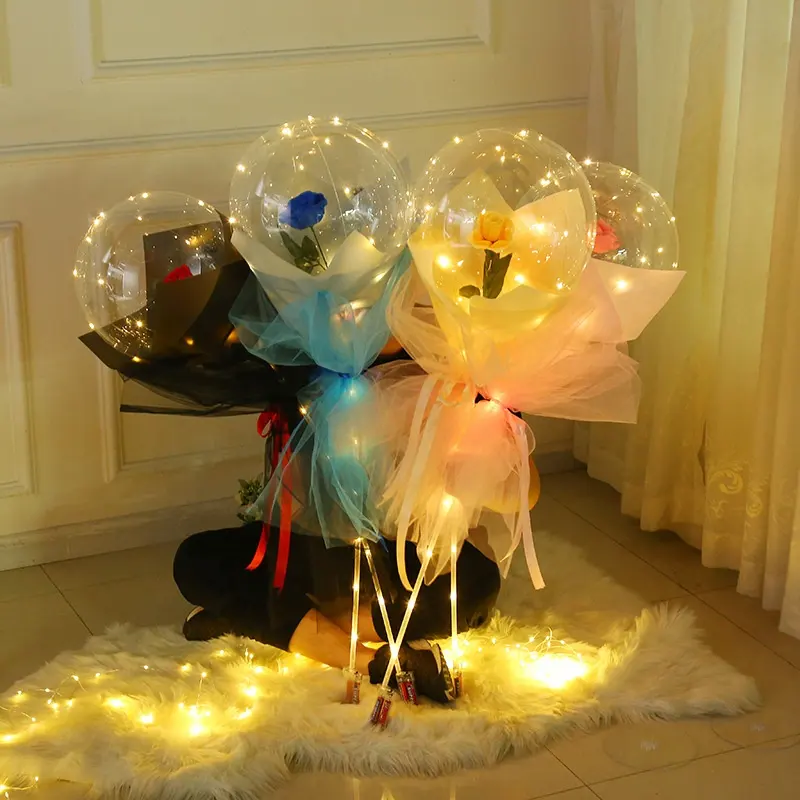 Wholesale Romantic Rose Flower Valentines Day Led Light Bubble Bobo Balloons With Stick