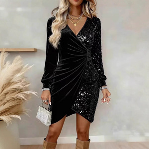 Robe moulante mi-longue à sequins pour femme, col en V, manches longues, grande taille, pour soirée glamour, idéale pour le dropshipping Shopify - Product Image 4