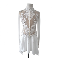 Robe de danse patinage blanche à col montant, manches longues en maille, strass et découpes en dentelle pour enfants et adultes, compétition et performance