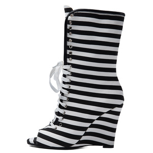 Botas Femininas Peep Toe com Listras Pretas e Brancas, Salto Alto em Wedge, Botas até o Joelho, Tamanho Grande 45, Sandálias de Verão com Cadarço - Product Image 1