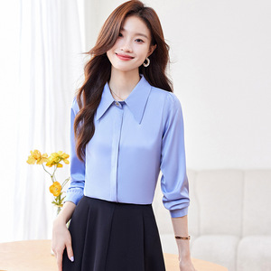 Blue Long Sleeve Chiffon Shirt Women Solid Color Button Front Work Professional Blouse Spring Autumn 2024 Style - Product Image 1