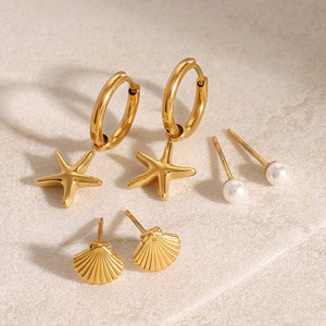 Boucles d'oreilles créoles étoile de mer, clous d'oreilles perle, boucles d'oreilles coquillage, ensemble de bijoux fantaisie en alliage de zinc - Product Image 2