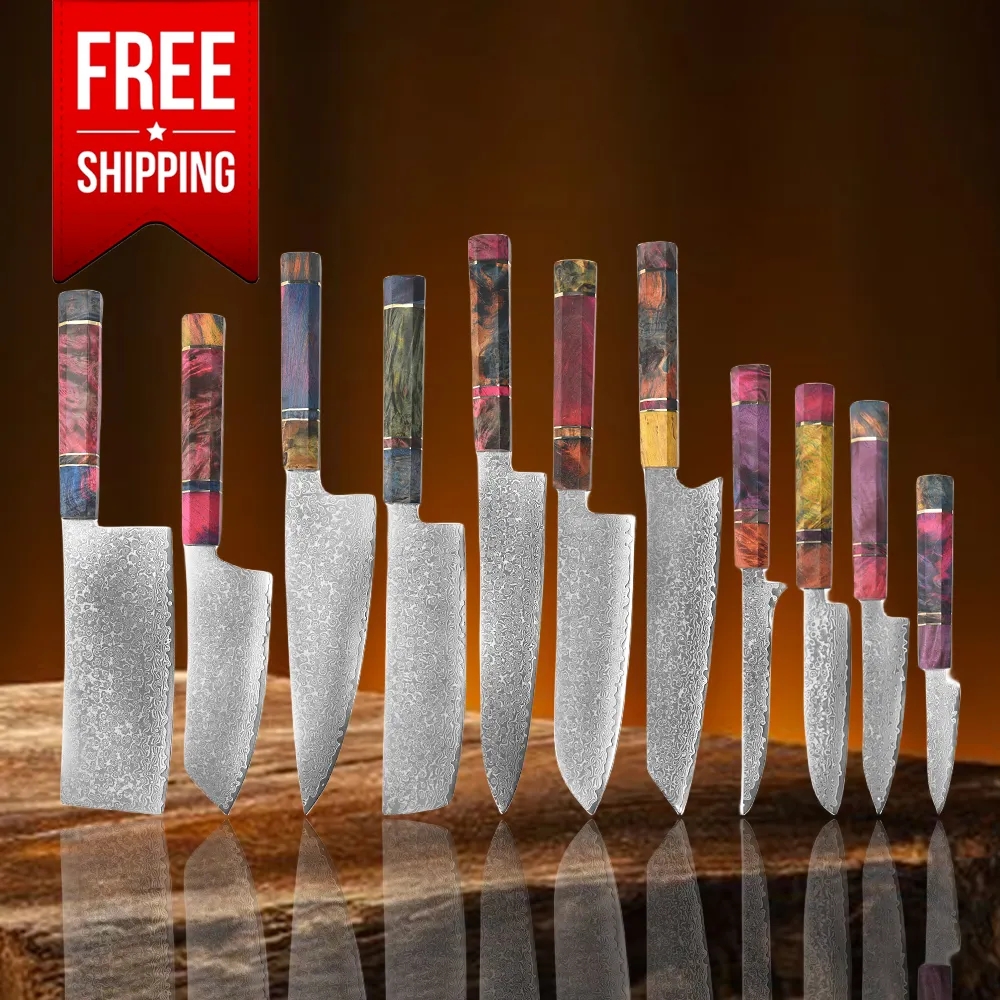 Conjunto de facas japonesas 67 camadas Damasco com cabo octogonal colorido VG10 aço Damasco Conjunto de facas de cozinha