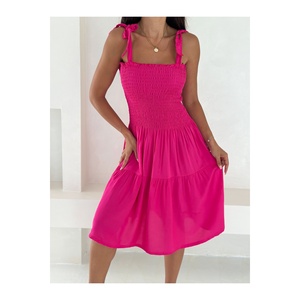 Women's Pink Sleeveless Midi <b>Dress</b> With Tie Straps And Flared Skirt For Summer Casual Wear - Product Image 3