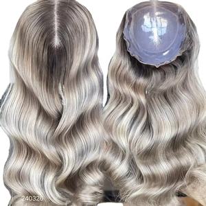 2024 Top Quality SHY <b>Mini</b> Wig Grey Topper European Human Hair <b>Highlight</b> With Root Free Part for White Women - Product Image 1