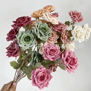 Artificial Roses <b>Silk</b> <b>Flower</b> High Simulation Wedding Decoration Props 3 Heads Cappuccino Color - Product Image 1
