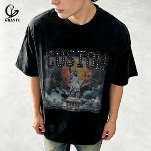 T-shirt Homme Personnalisé en Coton Épais Délavé à l'Acide, Coupe Oversize, avec Motif Strass, Style Vintage, Épaules Tombantes, Hip Hop Streetwear - Product Image 1