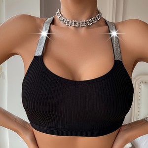 Top sportivo da donna senza cuciture, modello racerback, a costine, <span class=keywords><strong>con</strong></span> spalline glitterate, traspirante e anti-sudore - Product Image 6