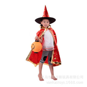 Childrens <b>Witch</b> Costume Cape With <b>Hat</b> Set Red Blue Star Print Unisex Halloween Costume For Kids - Product Image 3