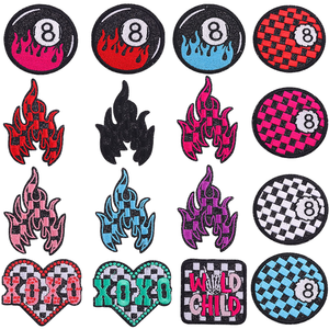 Checkered 8 Ball Flame Iron Punk Polyester Embroidered Patches Y2K Fire XOXO WILD CHILD Appliques Jeans Backpacks DIY Decoration - Product Image 1