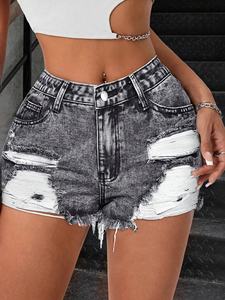Shorts en jean ultra-courts pour femme, couleur unie, taille mi-haute, délavés, déchirés et effilochés, style streetwear polyvalent et sexy, tendance mode estivale - Product Image 2