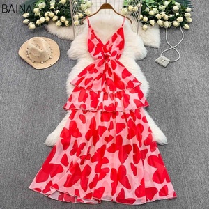 2025 français rose Rose imprimé col en v licou robe femmes été vacances taille gâteau robes décontractées - Product Image 3
