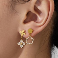 Set Perhiasan Elegan Bunga Zirkon Baja Anti Karat Lapis Emas 18K Kalung Gelang Anting Cincin Wanita Mewah Ringan