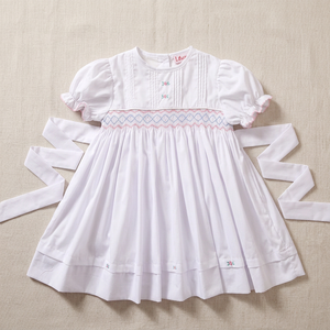 Lovely Little Girls' Casual Smocked Dress Pintuck Floral Geometric Design 100% Cotton OEKO-<b>TEX</b> White - LD410 - Product Image 3