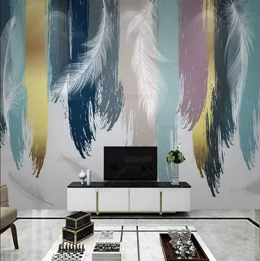 北欧モダン壁紙シンプルライトラグジュアリーホワイトフェザー抽象壁紙リビングルームテレビ背景ルームベッドルーム壁画