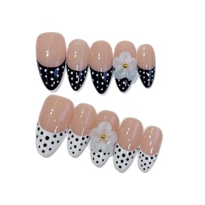 <span class=keywords><strong>Uñas</strong></span> Postizas de Almendra Color Rosa Nude con Punta Francesa, Puntos Blancos y Negros, Flor 3D, Reutilizables para Mujer - Product Image 2