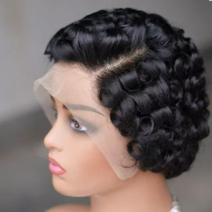 Perruque <span class=keywords><strong>courte</strong></span> bouclée 100% <span class=keywords><strong>cheveux</strong></span> humains, <span class=keywords><strong>cheveux</strong></span> courts naturels pour les personnes noires, noir et brun - Product Image 2