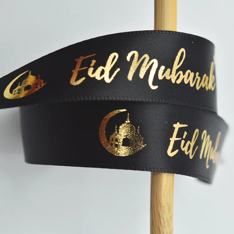 Gordon Ribbons Custom Ramadan Satin Ribbon With Goil Foil Printed Logo Eid Mubarak Ruban For Holiday Cake Decoration