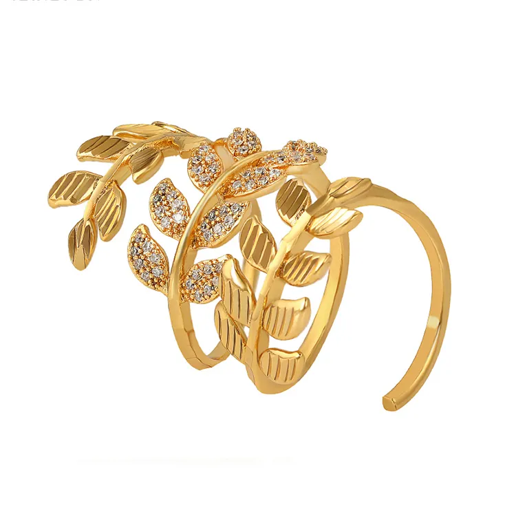 16258 xuping 24k women gold jewelry dubai gold ring leaf design zircons fashion long opening ring