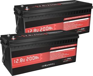 Paquete de 2 Baterías de Litio Hierro Fosfato LiFePO4 de 12V 200Ah con BMS de 200A y Más de 15000 Ciclos para Almacenamiento de Energía Solar en Autocaravanas y Camping - Product Image 1