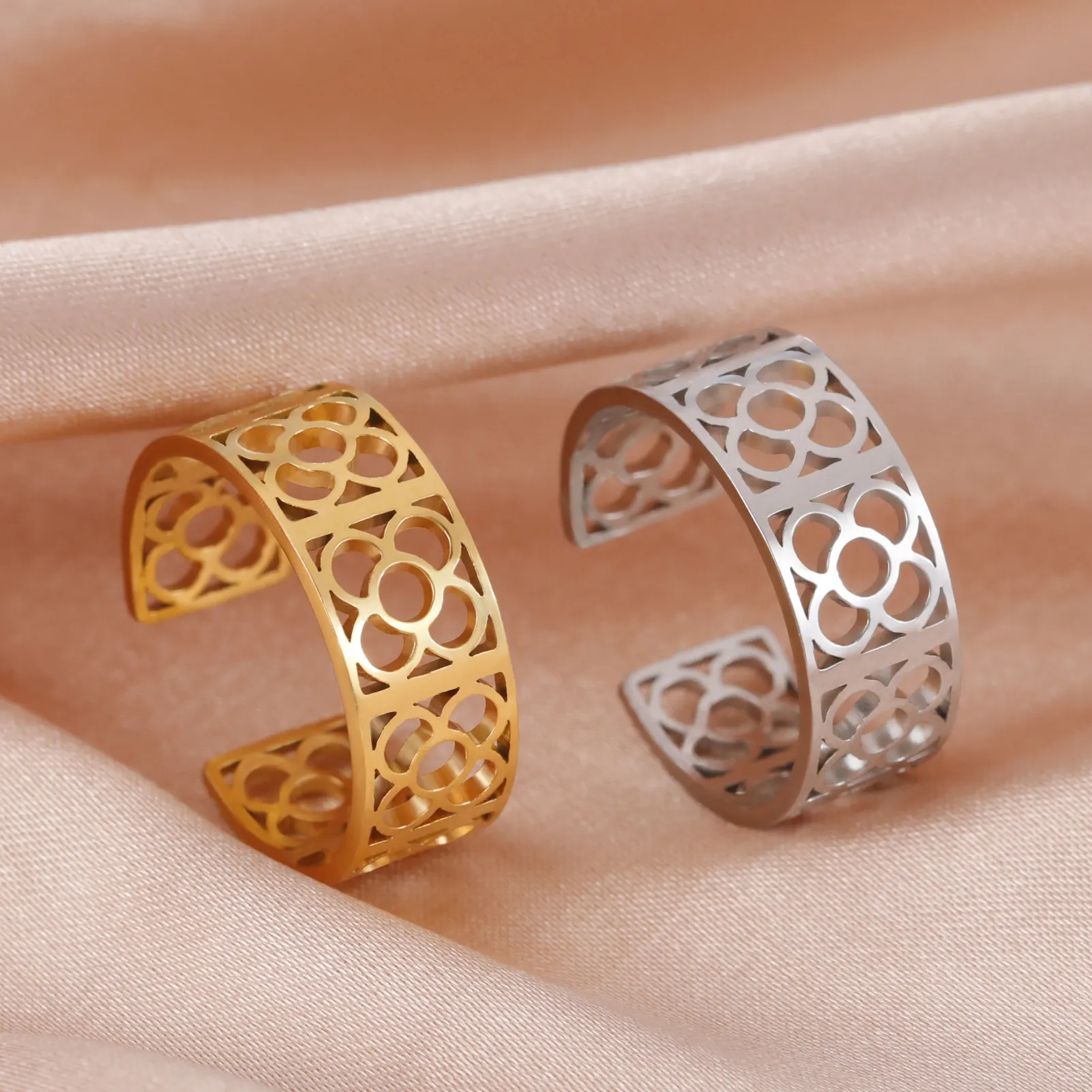 Barcelona Flower Square Ring Women Adjustable Stainless Steel Gold Color Aesthetic Rings Fashion Wedding Jewelry Gift Wholesale