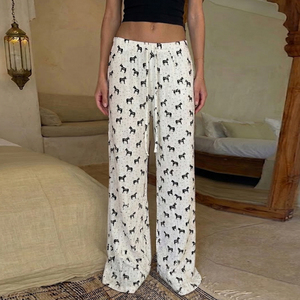 Pantalon long décontracté léger et confortable à taille élastique avec imprimé de dessin animé de petit cheval paresseux pour la maison - Product Image 5