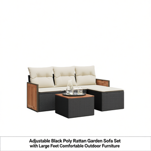 Ensemble de canapé de jardin en polyrotin noir réglable 3 places, mobilier d'extérieur au design contemporain avec panneau en teck - Product Image 1