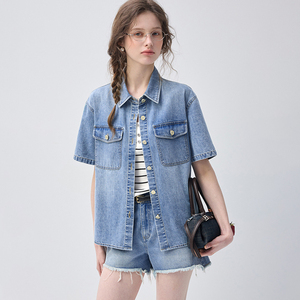 Ensemble deux pièces en denim bleu clair VEGA CHANG pour femmes, chemise à manches courtes et short en denim à ourlet effiloché, <span class=keywords><strong>tenue</strong></span> décontractée - Product Image 1
