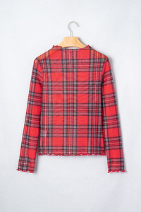 Wholesale New Hot Spring Autumn <strong>Women</strong> Plaid Print Long Sleeve Mock Neck <strong>Top</strong> Slim Fit Casual Pullover Mesh Layering Base Blouse - Product Image 3