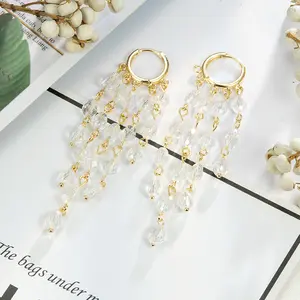 Wholesale Vintage Huggie Long Zircon Earrings Brass Drop Copper Earings Jewelry Women 18k Gold Plated Earrings