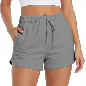 Shorts en tricot gris uni à taille haute pour femmes, décontractés, avec taille élastique, respirants, en coton de haute qualité - Product Image 3