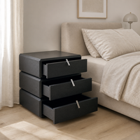 Table de chevet moderne à 3 tiroirs rotatifs à 360 degrés en placage de bois noir E1 MDF avec fermeture douce pour appartement et salon