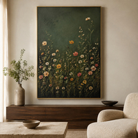 Peinture à l'huile Impasto sur toile, motif prairie fleurie, art mural floral texturé vert foncé dans un cadre doré pour salon