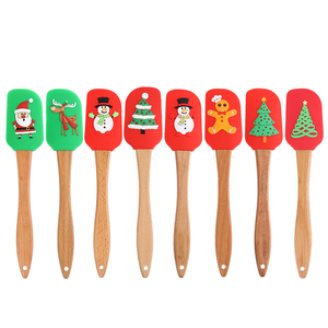 Gran oferta, espátula de silicona roja navideña con mango de madera, raspador verde para hornear pasteles y galletas, herramienta de cocina