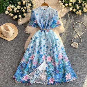 <span class=keywords><strong>Robe</strong></span> <span class=keywords><strong>longue</strong></span> élégante à col montant imprimé floral en dentelle, style vintage rétro français, pour femme, avec fente et taille ajustée - Product Image 2
