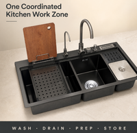 Zwarte RVS multifunctionele werkstation keukenkraan met snijplank, afdruiprek, messenhouder, bekerwasser, OEM ODM B2B