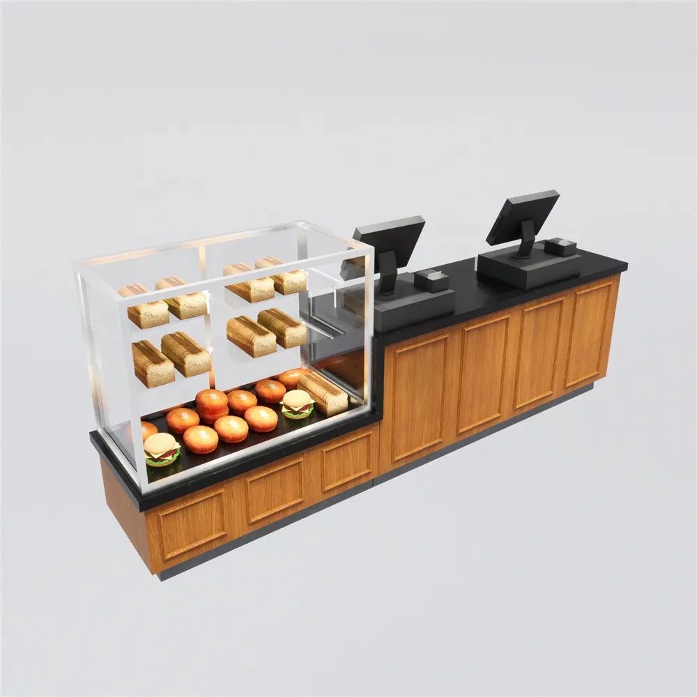 Mostrador de panadería comercial moderno, vitrina de exhibición personalizada de madera para tienda de repostería