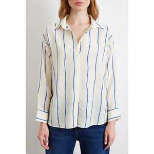Camisa Modal a Rayas Saks para Mujer, Blusa Casual de Popelina con Botones, para Uso Diario - Product Image 3