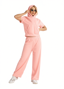 Tuta da donna rosa con cappuccio, maniche corte, vestibilità ampia, lunghezza intera, tinta unita, traspirante, casual, stile primaverile - Product Image 1