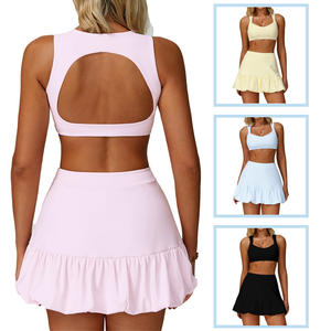 Новинка 2025 Женский легкий комплект для йоги с открытой спиной Спортивная юбка для фитнеса костюм с юбкой для тенниса - Product Image 1