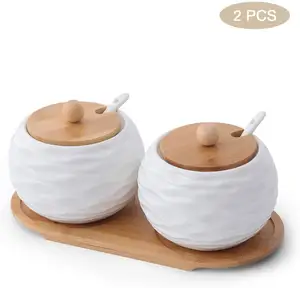 ถ้วยชามกระปุกใส่น้ำตาลพร้อมช้อนและฝาไม้ไผ่,กล่องเครื่องปรุงเซรามิกสำหรับบ้านและห้องครัวทรงกลมสีขาว