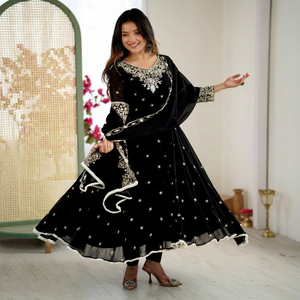 Luxury Heavy Blooming Faux Anarkali Gown with <b>Rainbow</b> Sequence Moti Work Full Sleeve Flair Bottom Dupatta Party Festive Wear - Product Image 1