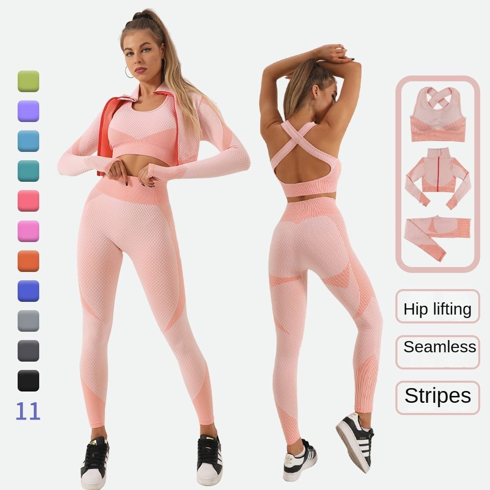 Women Running Fitness Sports Yoga Set Lady Quick Dry Breathable Exercise Seamless Yoga 3-piece Set