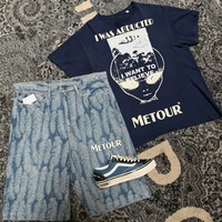 Ensemble T-shirt et short en jean déchiré pour homme, style streetwear vintage, respirant, imprimé numérique DTG, avec strass thermocollés