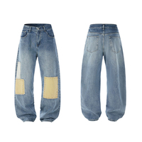 Jeans personnalisés à taille haute, pantalon culotte, lavage vintage, coupe ample, bleu, non élastique, lavage chimique, jeans tendance pour hommes