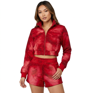 Trendy Custom Streetwear <b>Rhinestone</b> Crop <b>Jacket</b> and Shorts Set Two Piece Star Sparkle Diamond Studded Women Denim Tracksuit Set - Product Image 2